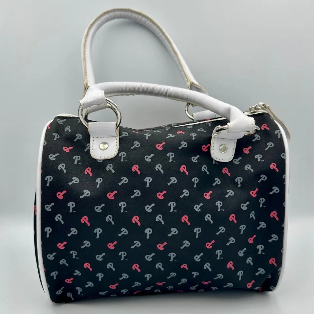 Philadelphia Phillies MLB Bowler Handbag Black Red White Logo Print Satchel Bag